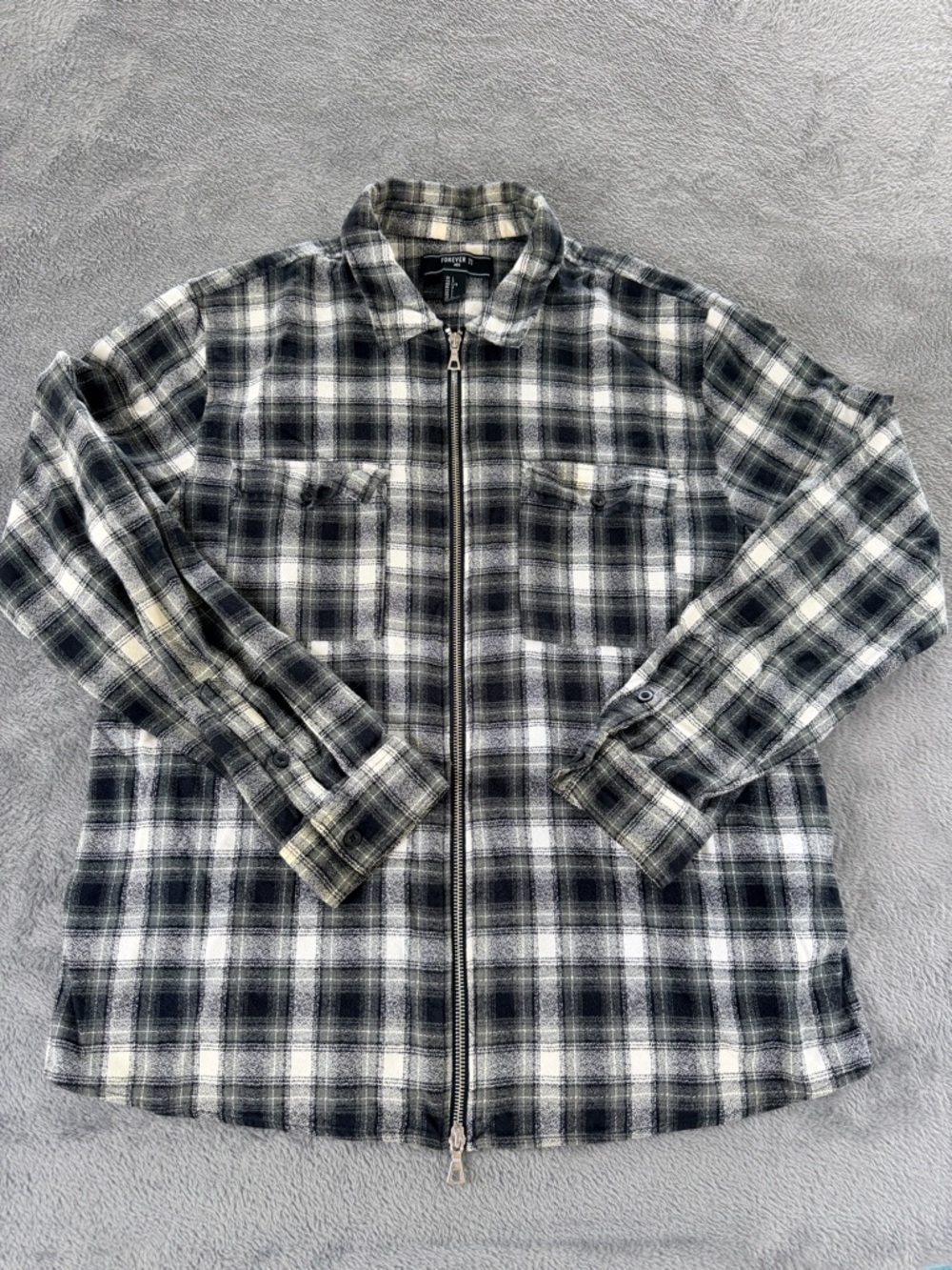 Forever 21 Men Plaid Full Zip Long Sleeve Shirt With Pockets Size L